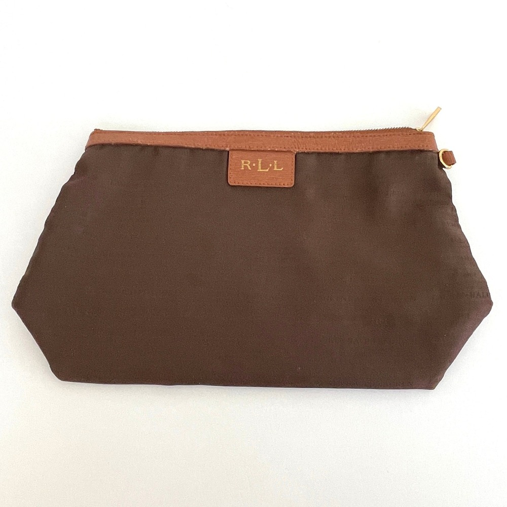 Lauren Ralph Lauren Brown Nylon Logo Pouch Makeup Bag Gold Hardware RLL